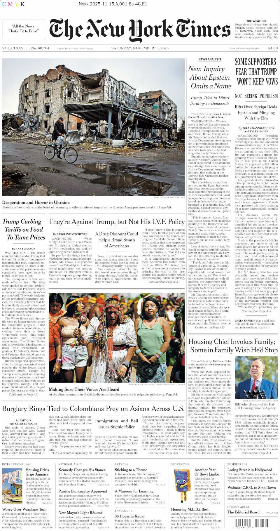The New York Times, edición del sábado 15 de noviembre de 2025