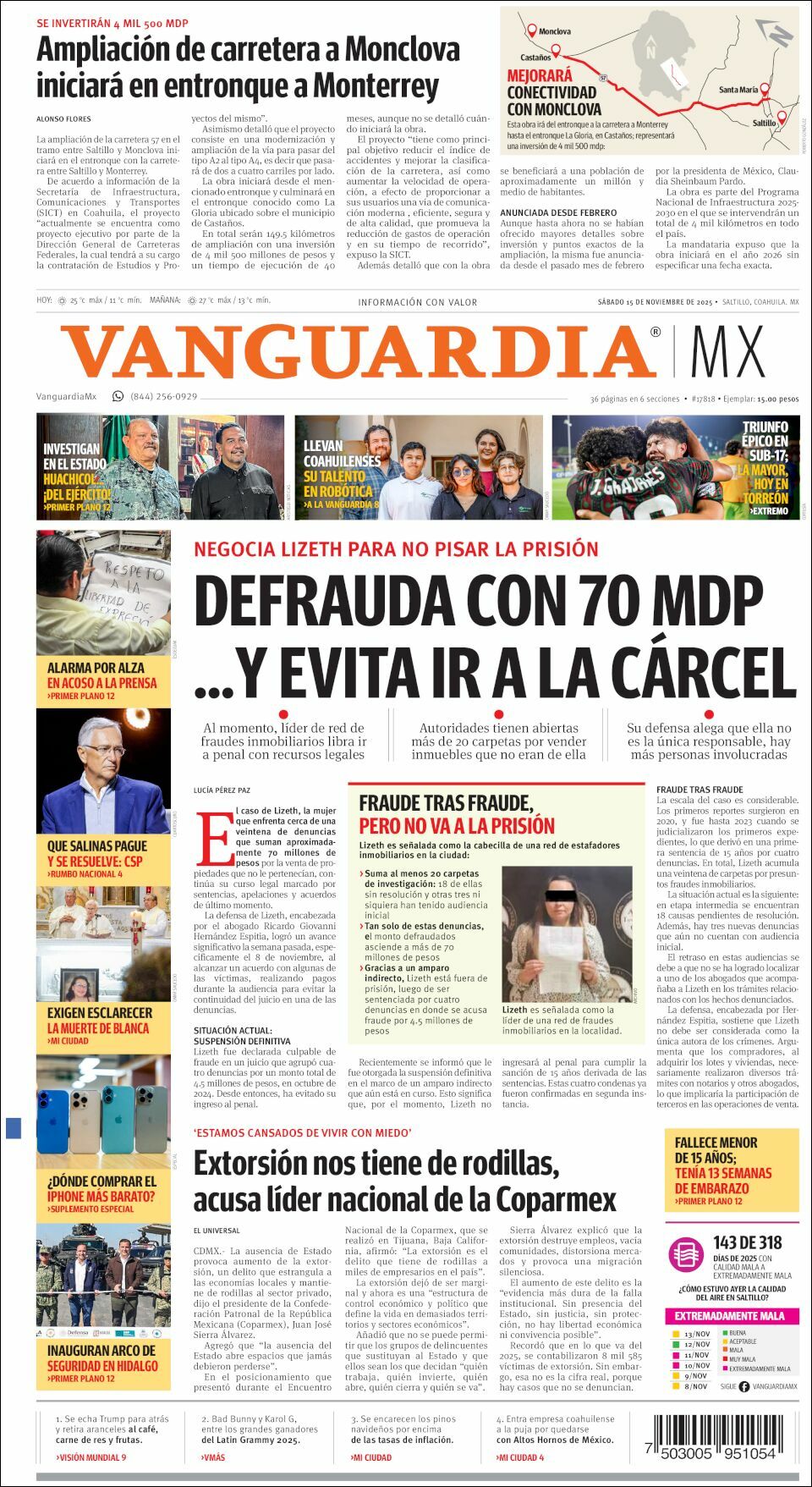 Vanguardia, edición del sábado 15 de noviembre de 2025