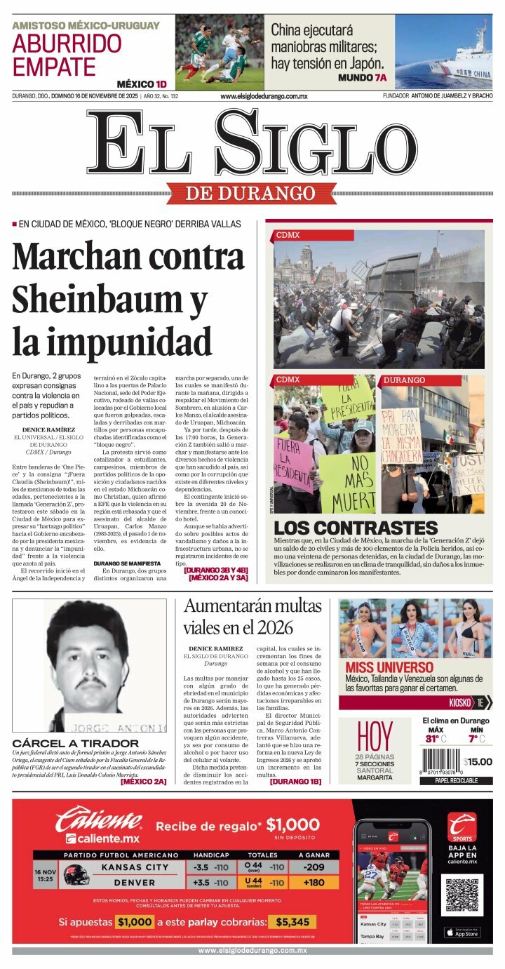 El Siglo de Durango, edición del domingo 16 de noviembre de 2025