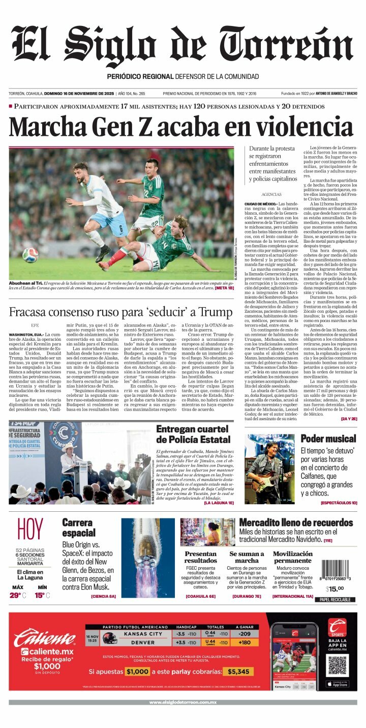 El Siglo de Torreón, edición del domingo 16 de noviembre de 2025