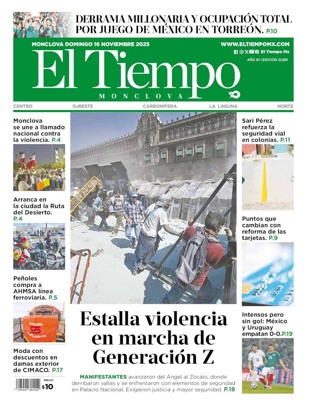 El Tiempo Monclova, edición del domingo 16 de noviembre de 2025