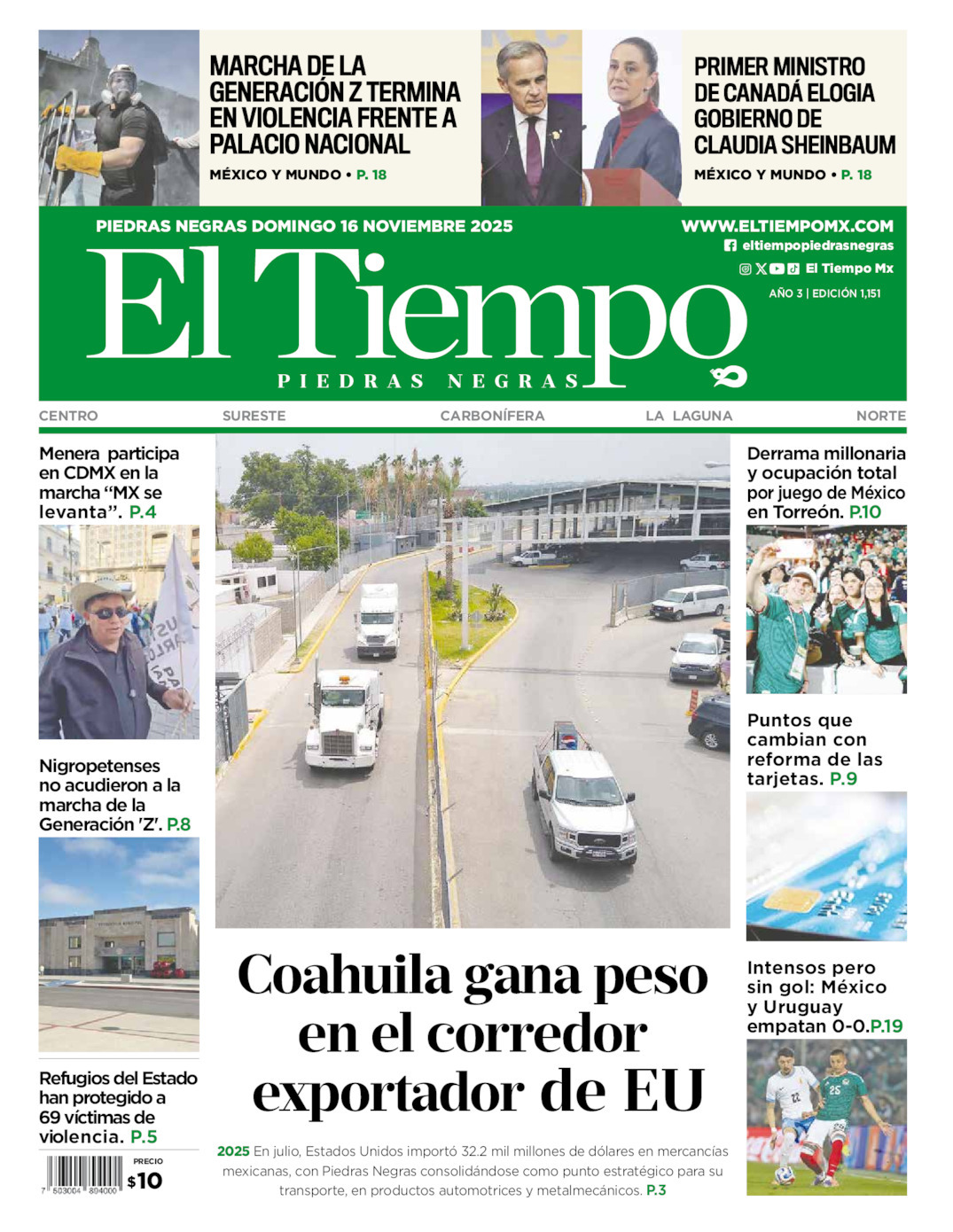 El Tiempo Piedras Negras, edición del domingo 16 de noviembre de 2025