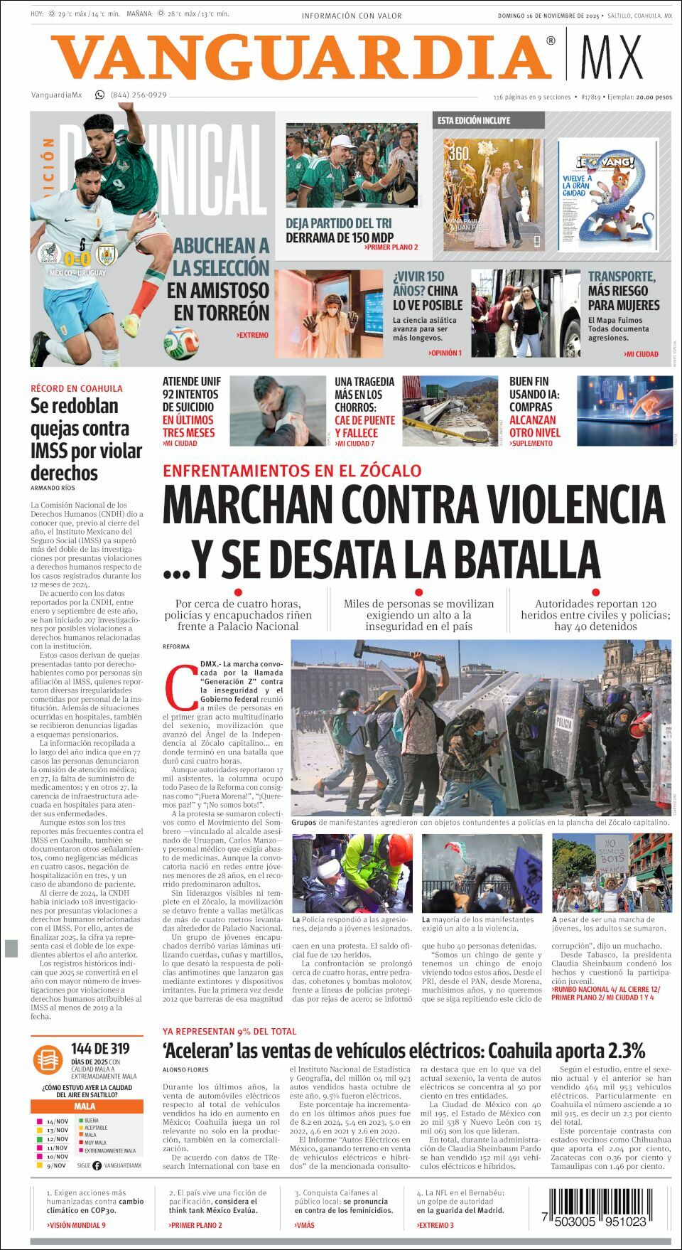Vanguardia, edición del domingo 16 de noviembre de 2025