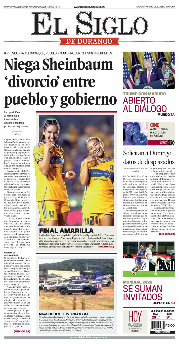 El Siglo de Durango, edición del lunes 17 de noviembre de 2025