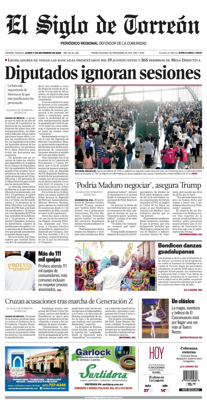 El Siglo de Torreón, edición del lunes 17 de noviembre de 2025