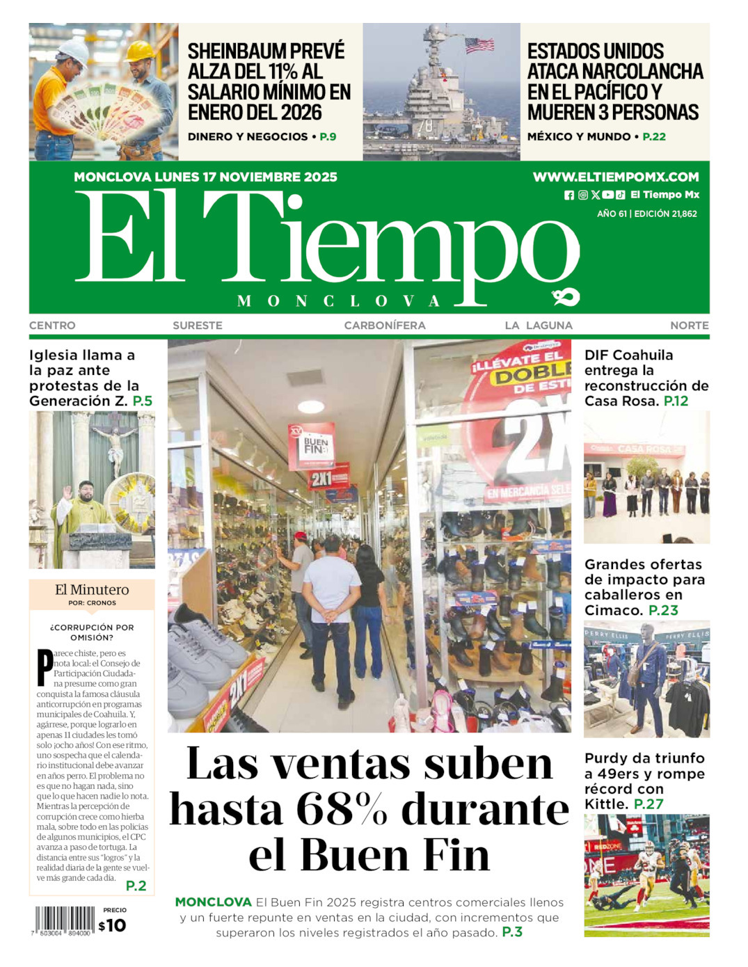 El Tiempo Monclova, edición del lunes 17 de noviembre de 2025