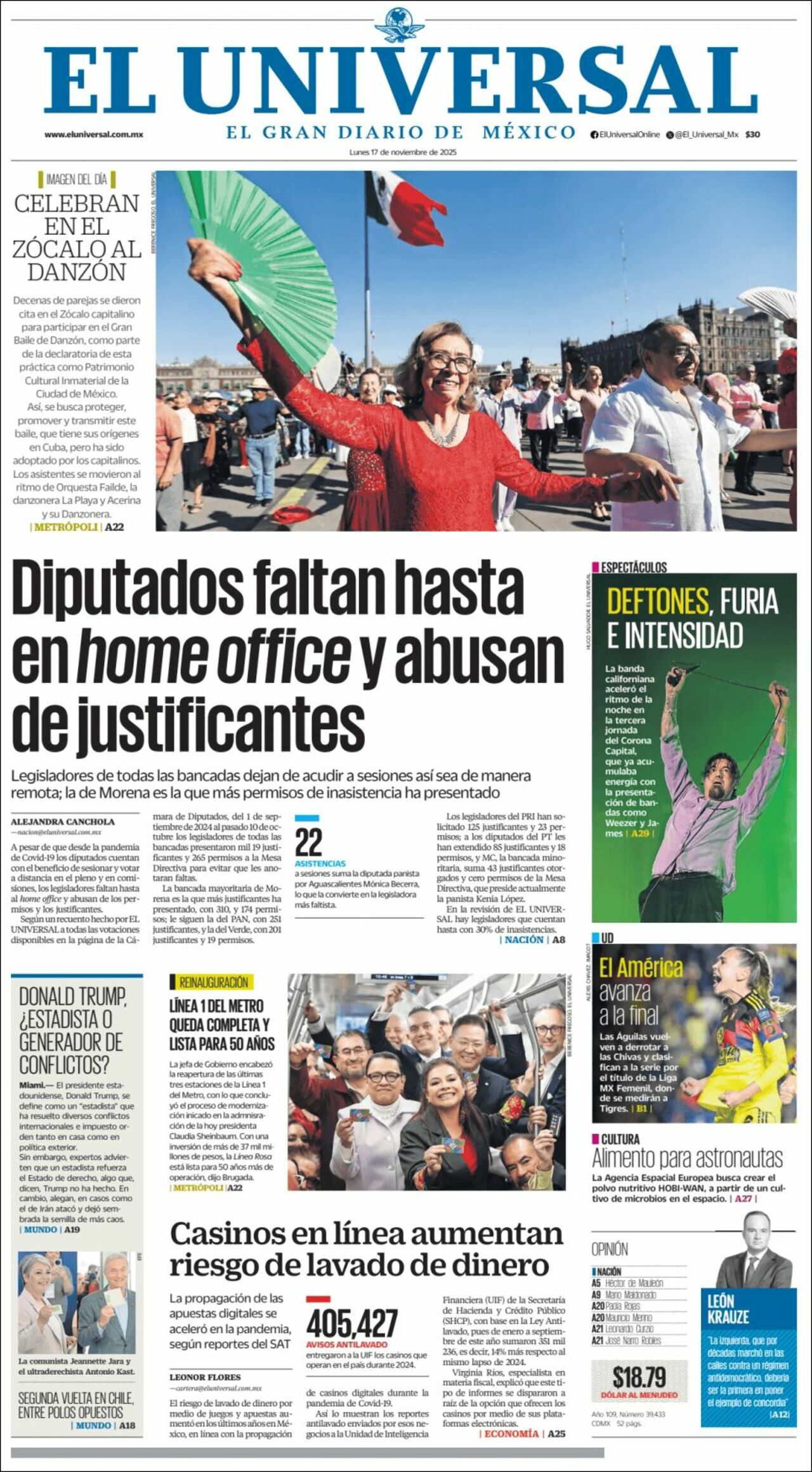 El Universal, edición del lunes 17 de noviembre de 2025