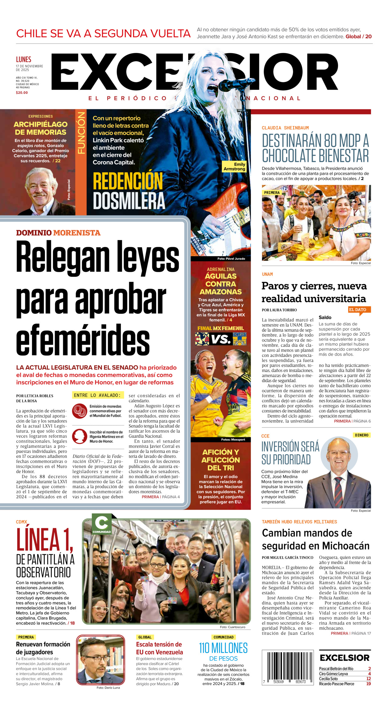 Excelsior, edición del lunes 17 de noviembre de 2025