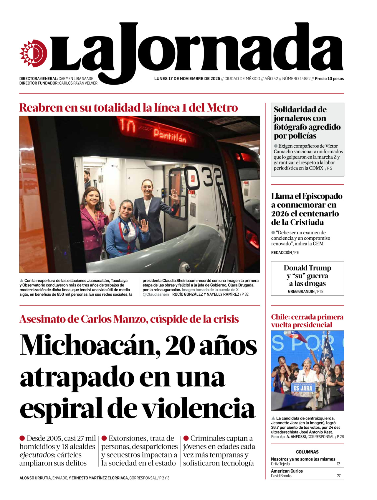 La Jornada, edición del lunes 17 de noviembre de 2025