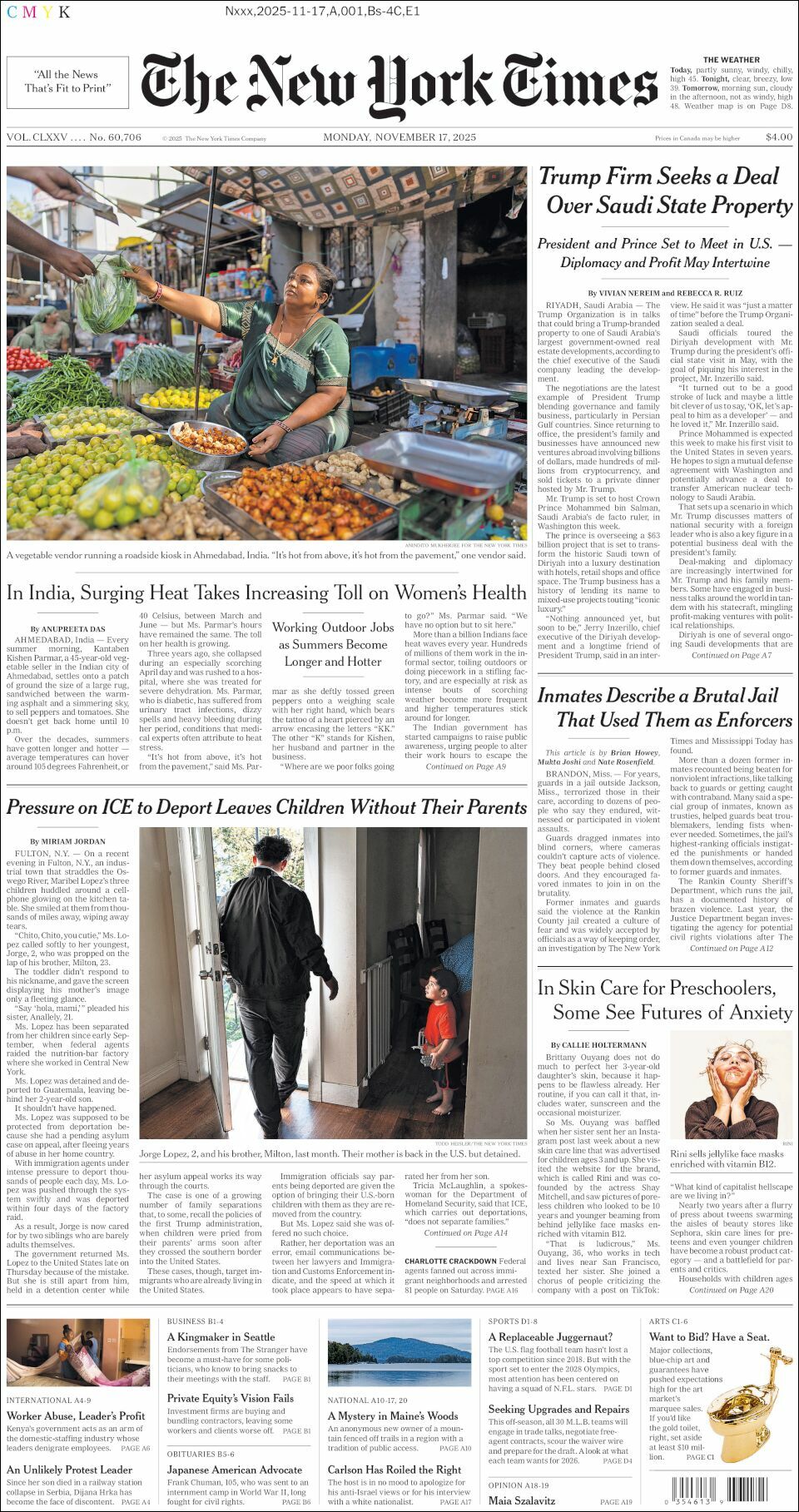 The New York Times, edición del lunes 17 de noviembre de 2025