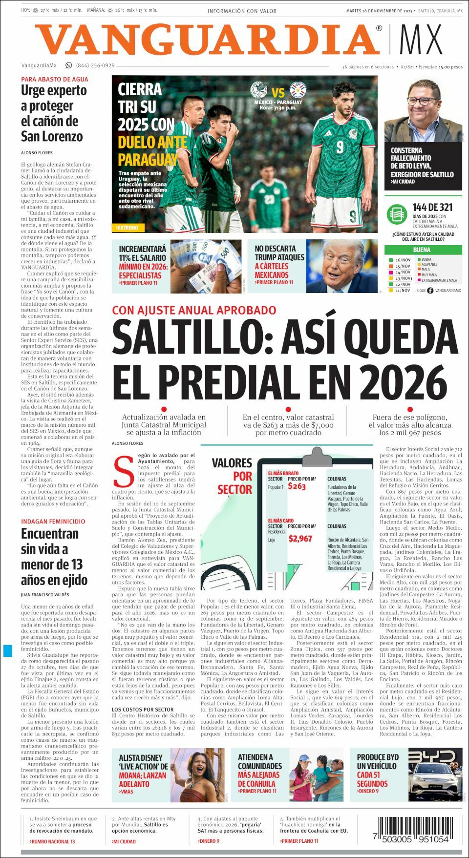 Vanguardia, edición del martes 18 de noviembre de 2025