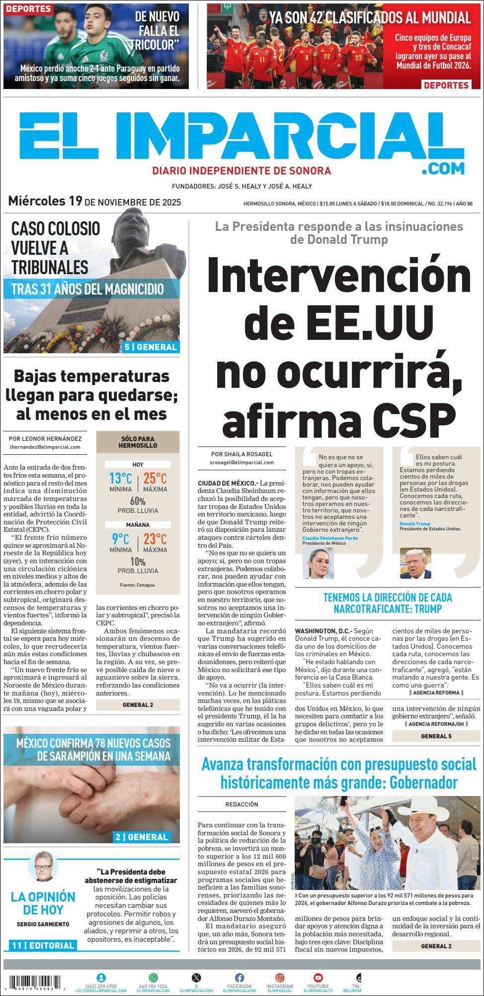 El Imparcial, edición del miércoles 19 de noviembre de 2025