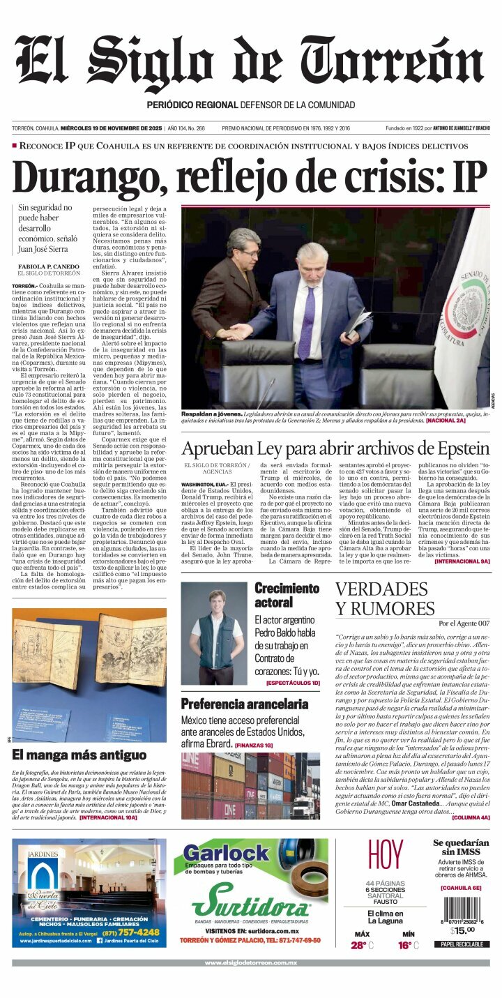 El Siglo de Torreón, edición del miércoles 19 de noviembre de 2025