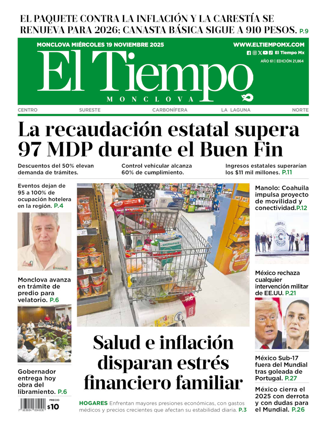 El Tiempo Monclova, edición del miércoles 19 de noviembre de 2025