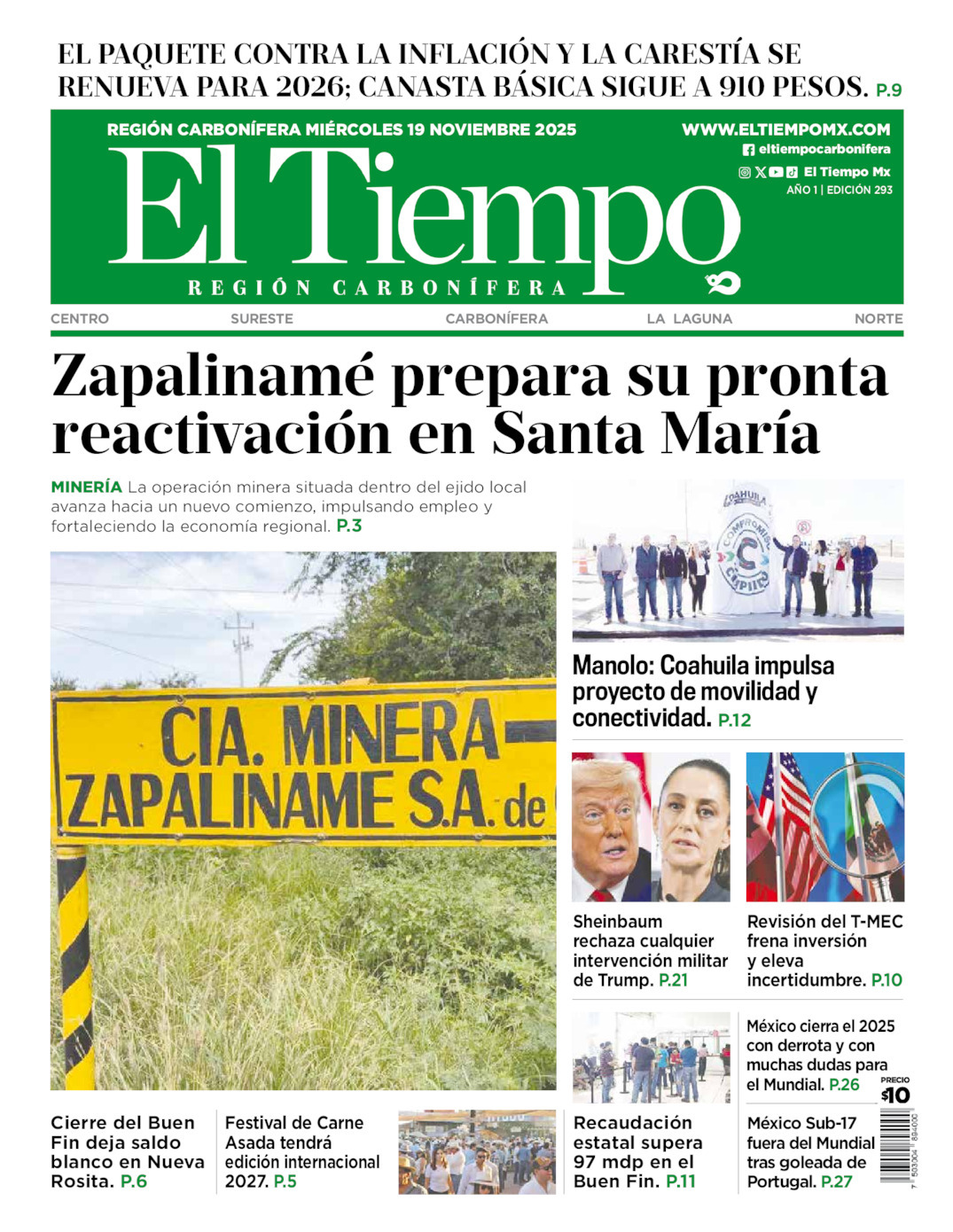 El Tiempo Región Carbonífera, edición del miércoles 19 de noviembre de 2025