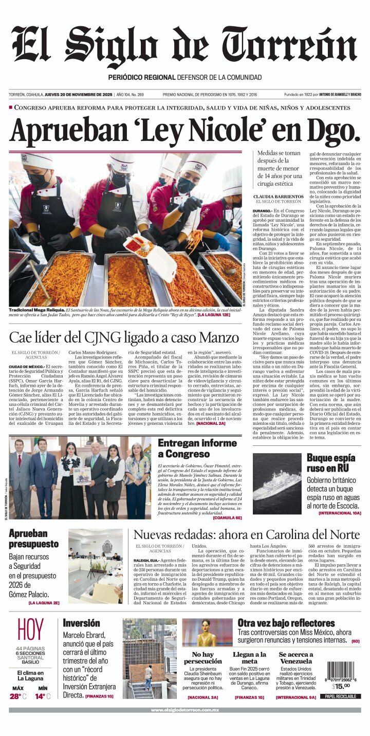 El Siglo de Torreón, edición del jueves 20 de noviembre de 2025
