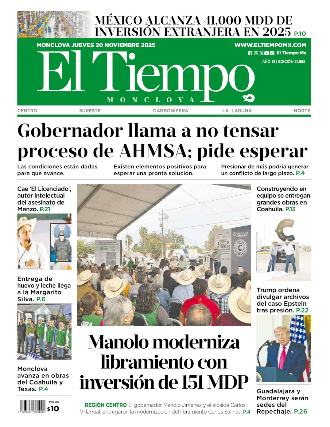 El Tiempo Monclova, edición del jueves 20 de noviembre de 2025
