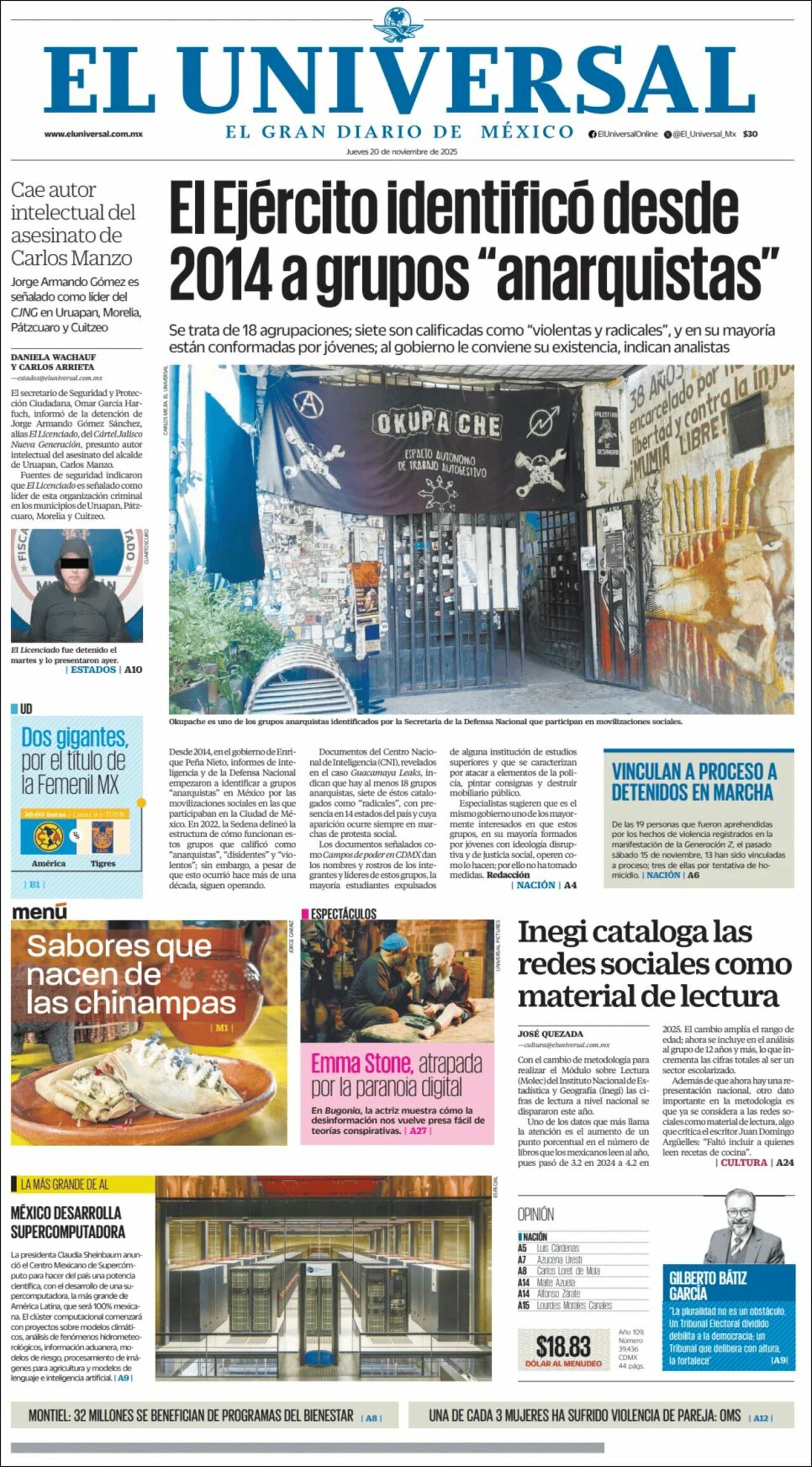 El Universal, edición del jueves 20 de noviembre de 2025