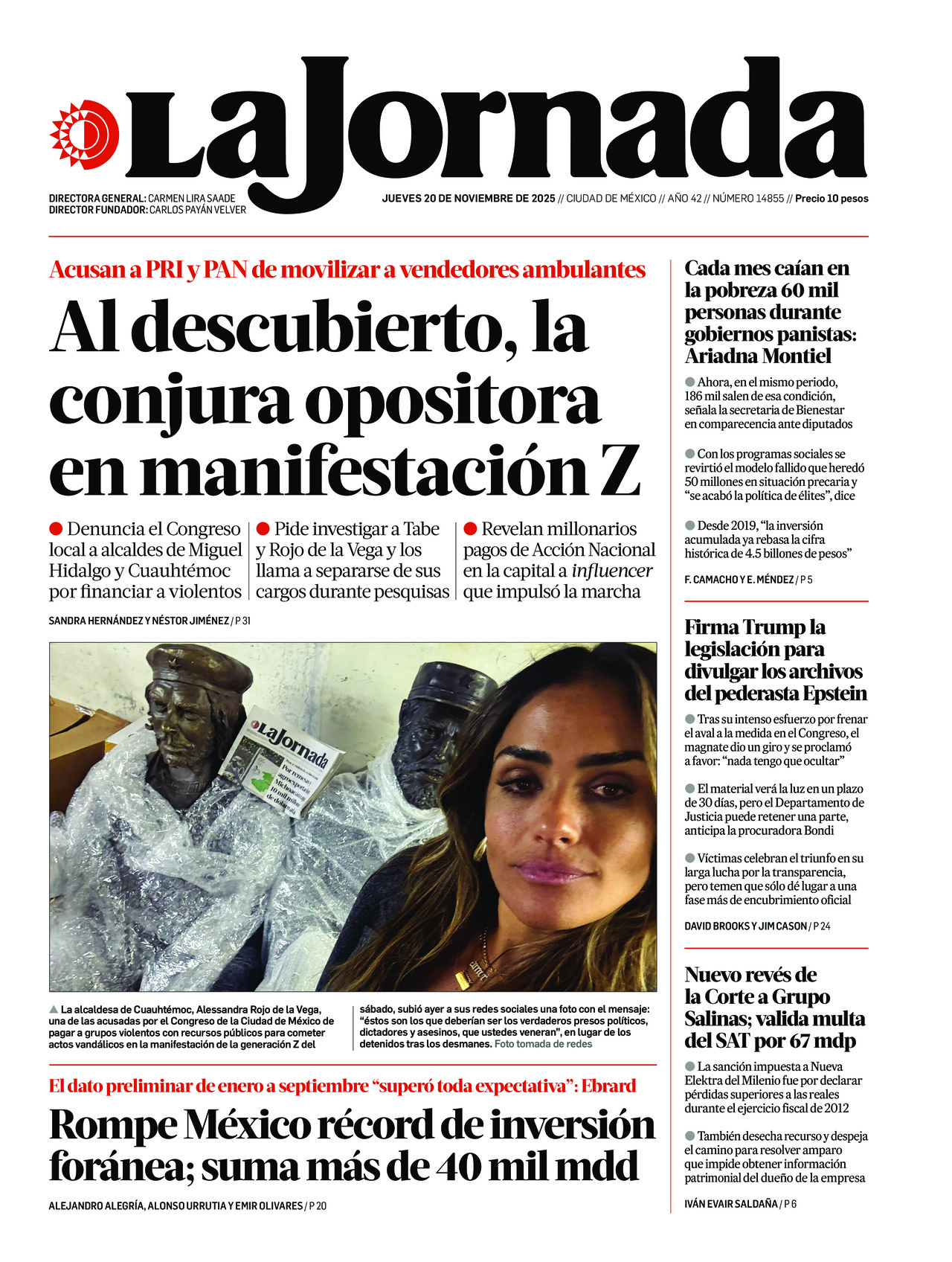 La Jornada, edición del jueves 20 de noviembre de 2025