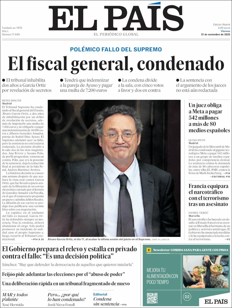 El País, edición del viernes 21 de noviembre de 2025