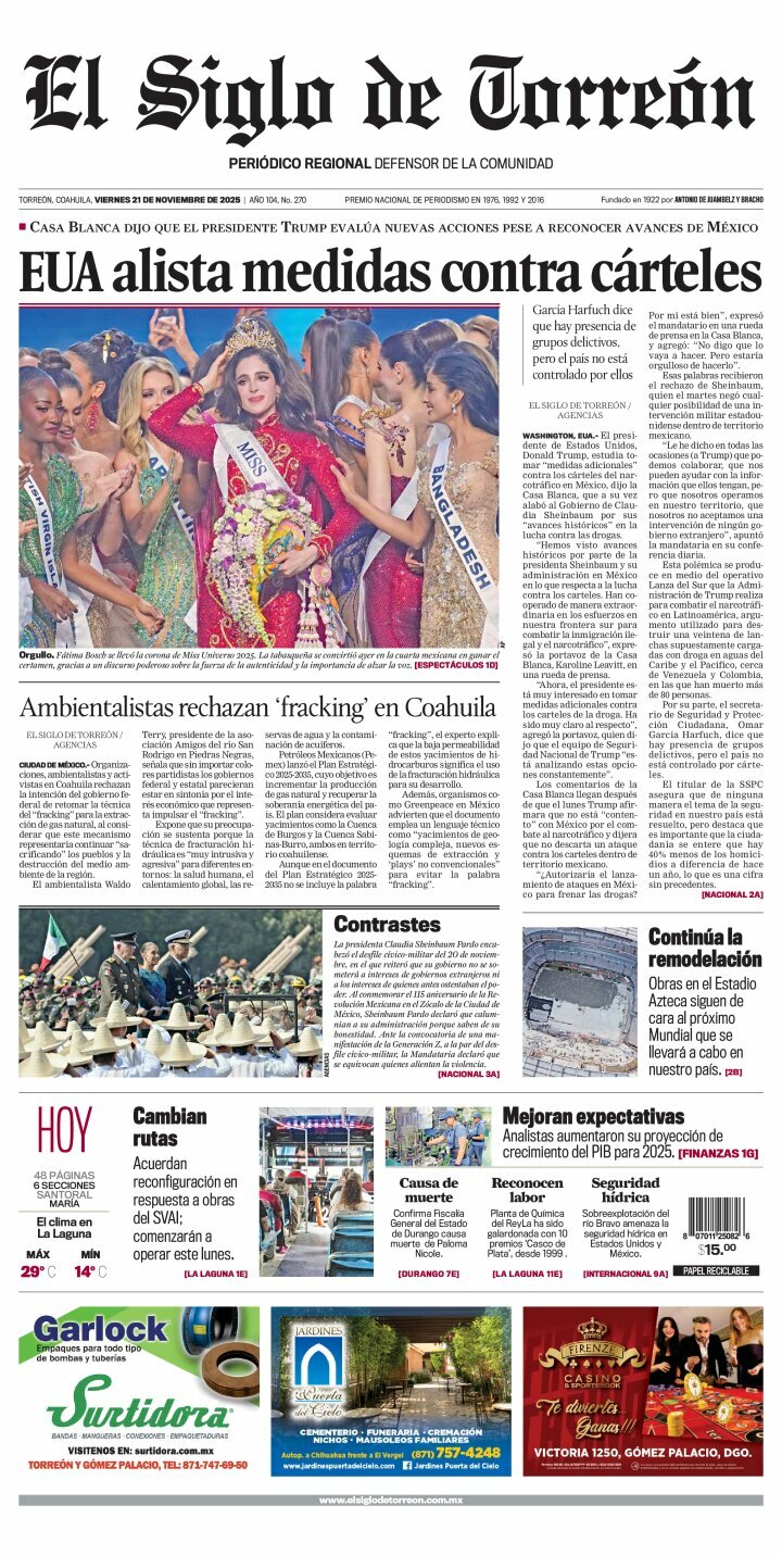 El Siglo de Torreón, edición del viernes 21 de noviembre de 2025