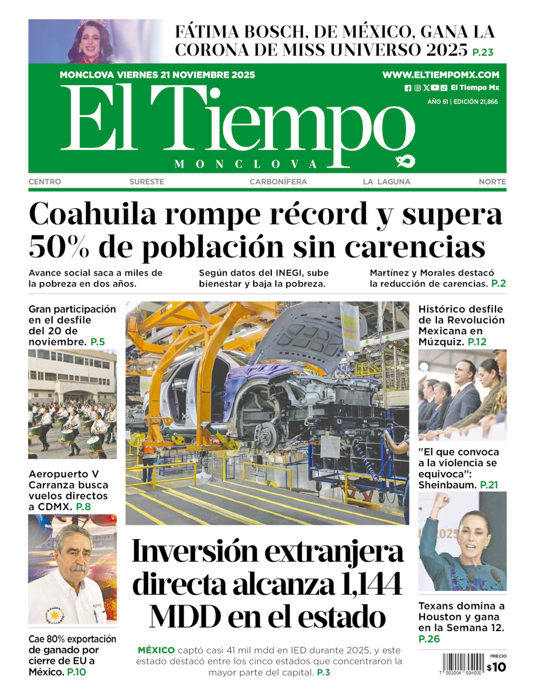 El Tiempo Monclova, edición del viernes 21 de noviembre de 2025