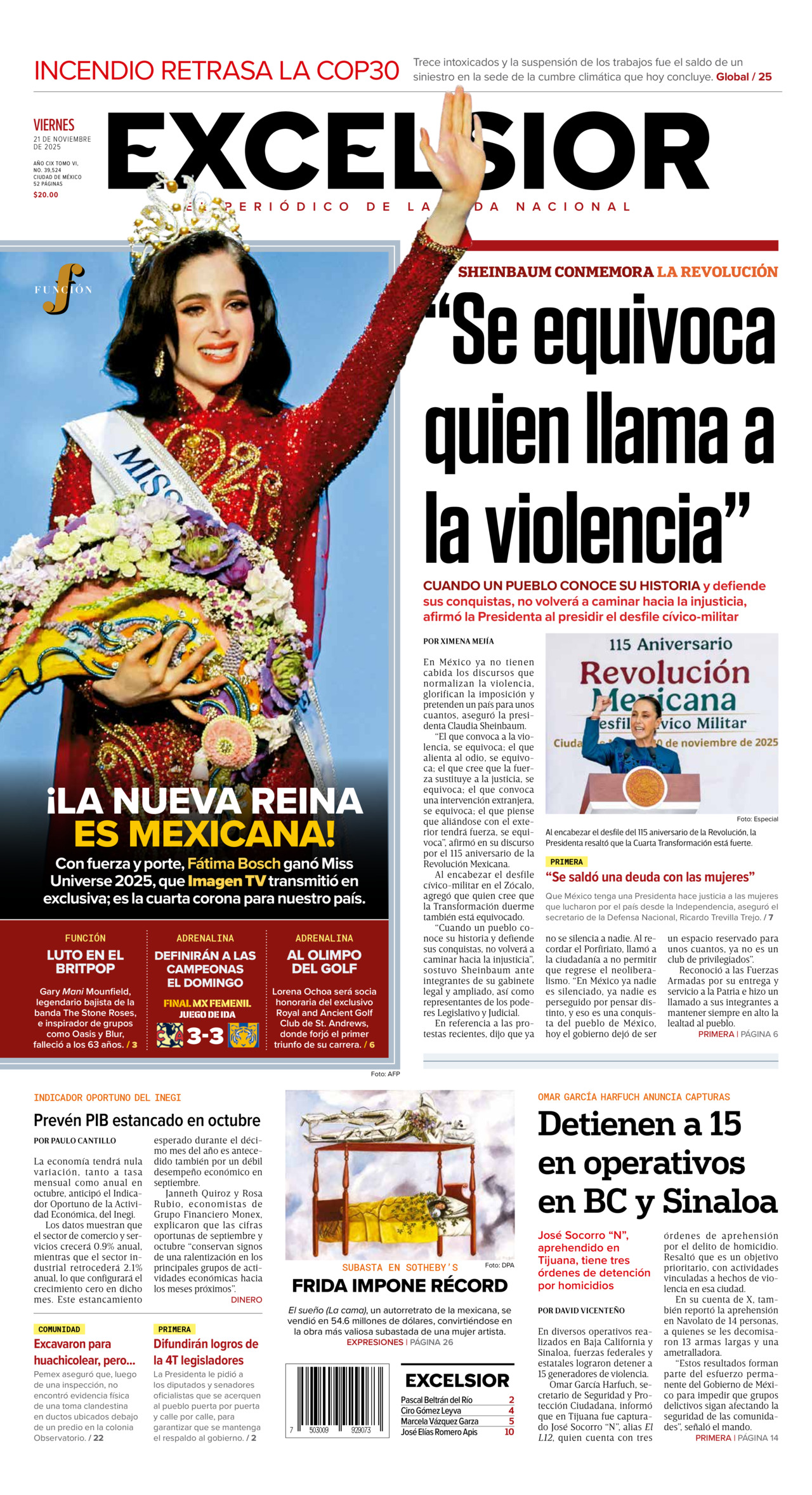 Excelsior, edición del viernes 21 de noviembre de 2025