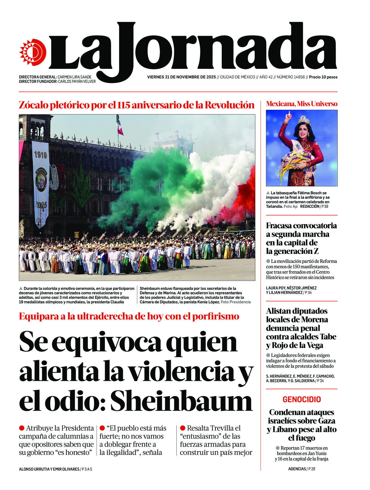 La Jornada, edición del viernes 21 de noviembre de 2025
