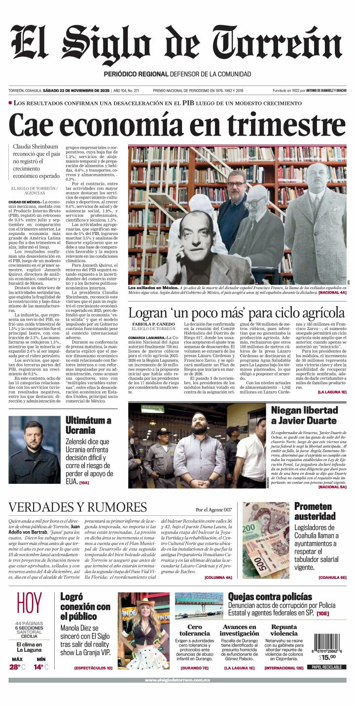 El Siglo de Torreón, edición del sábado 22 de noviembre de 2025