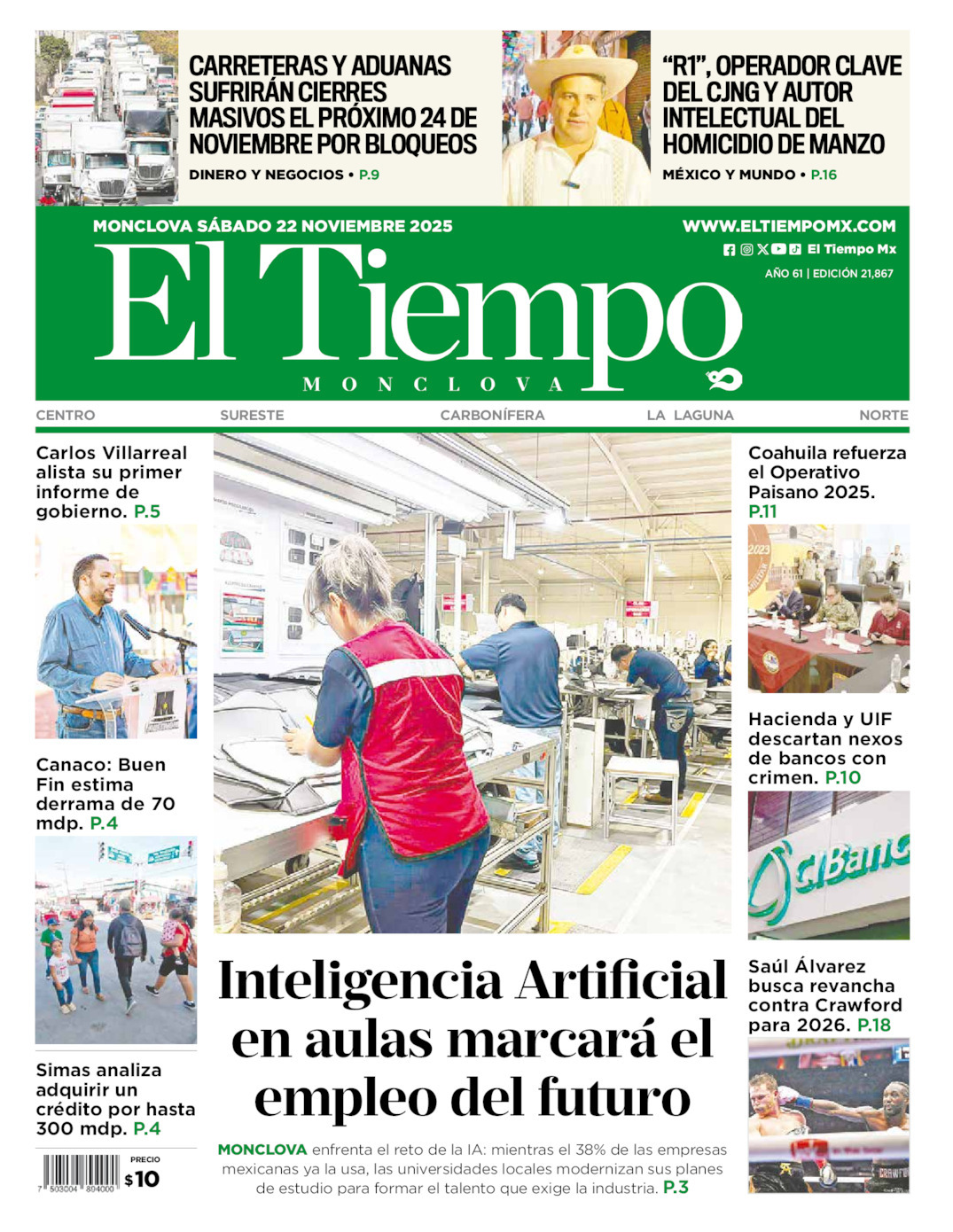 El Tiempo Monclova, edición del sábado 22 de noviembre de 2025