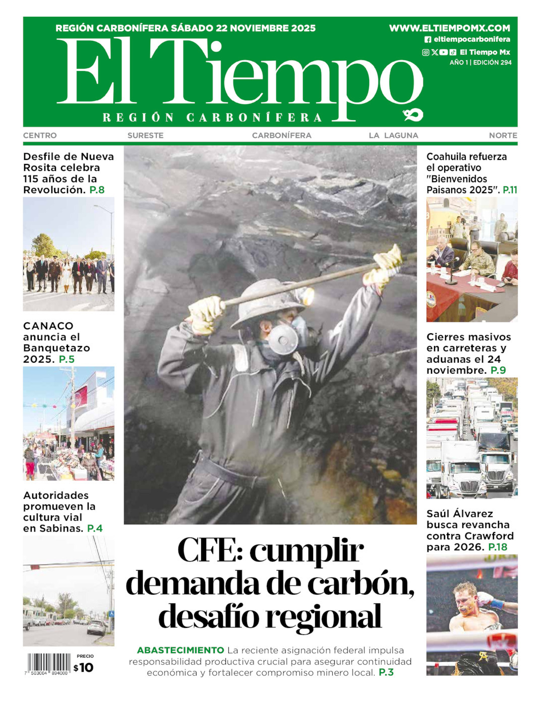 El Tiempo Región Carbonífera, edición del sábado 22 de noviembre de 2025