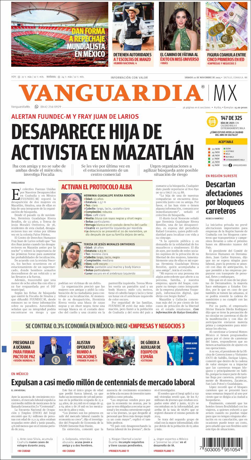 Vanguardia, edición del sábado 22 de noviembre de 2025