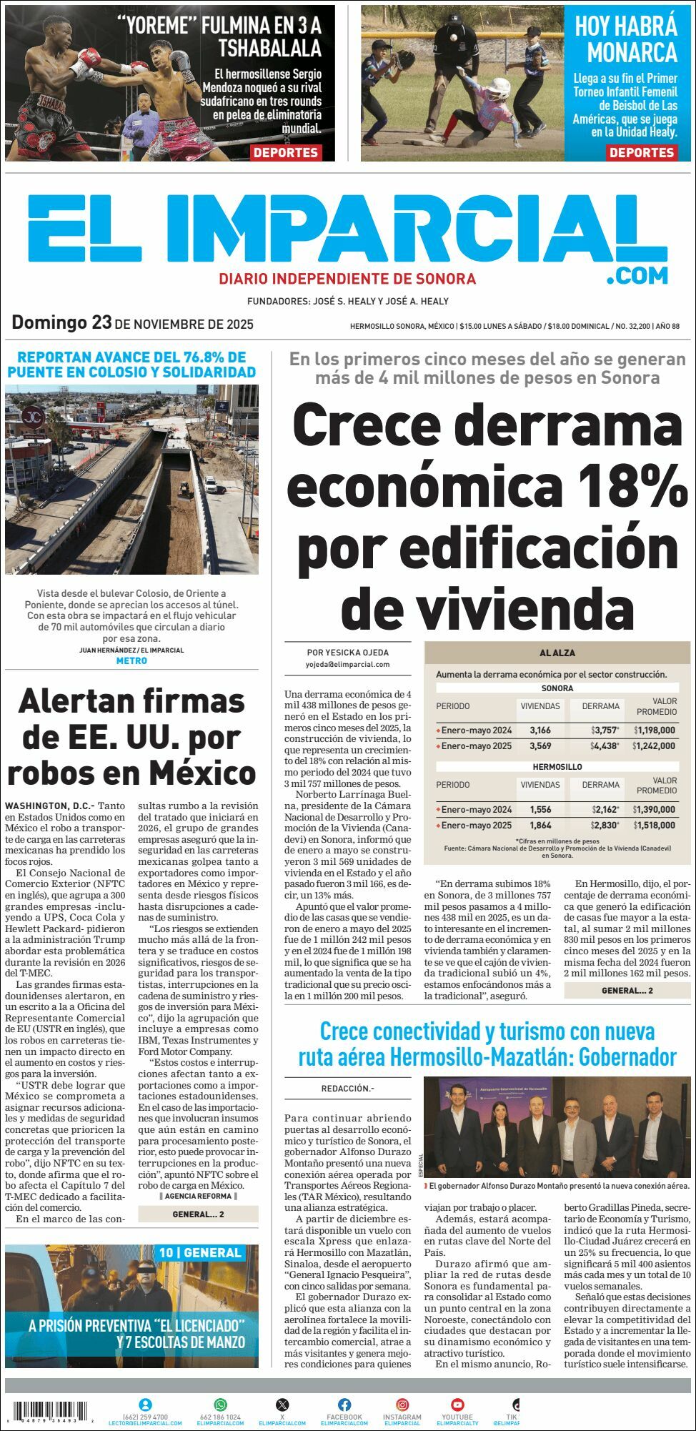 El Imparcial, edición del domingo 23 de noviembre de 2025