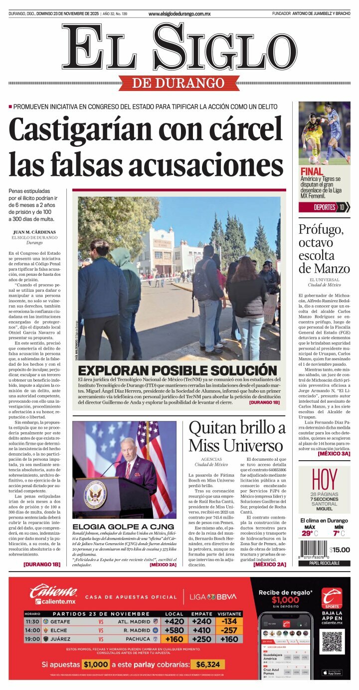 El Siglo de Durango, edición del domingo 23 de noviembre de 2025
