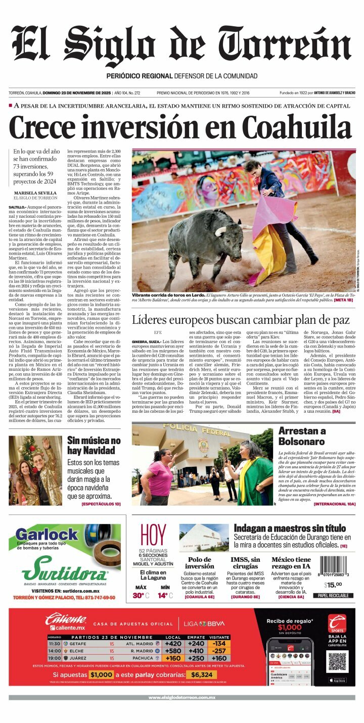 El Siglo de Torreón, edición del domingo 23 de noviembre de 2025