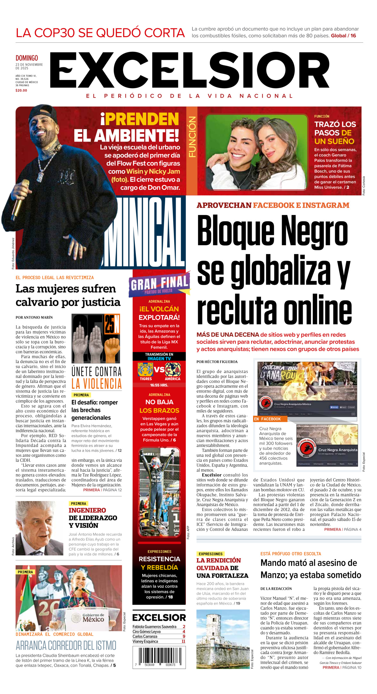 Excelsior, edición del domingo 23 de noviembre de 2025