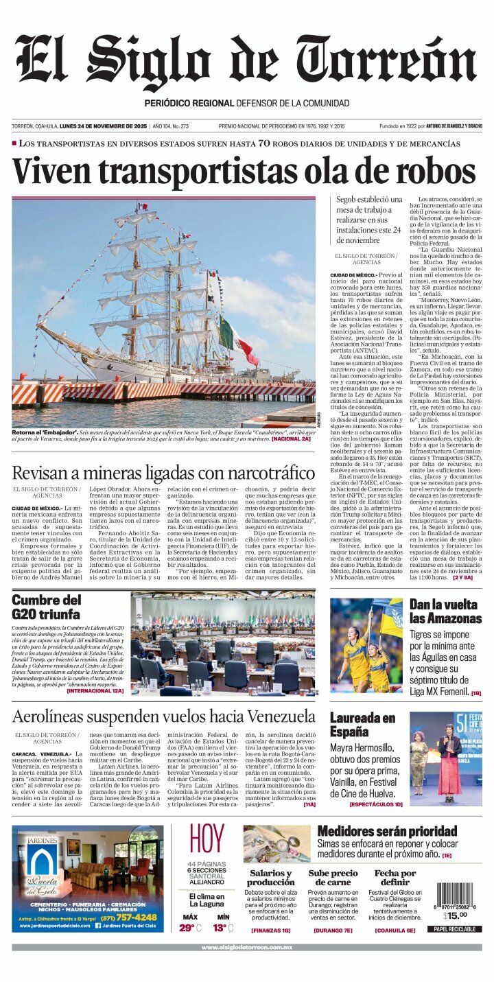 El Siglo de Torreón, edición del lunes 24 de noviembre de 2025