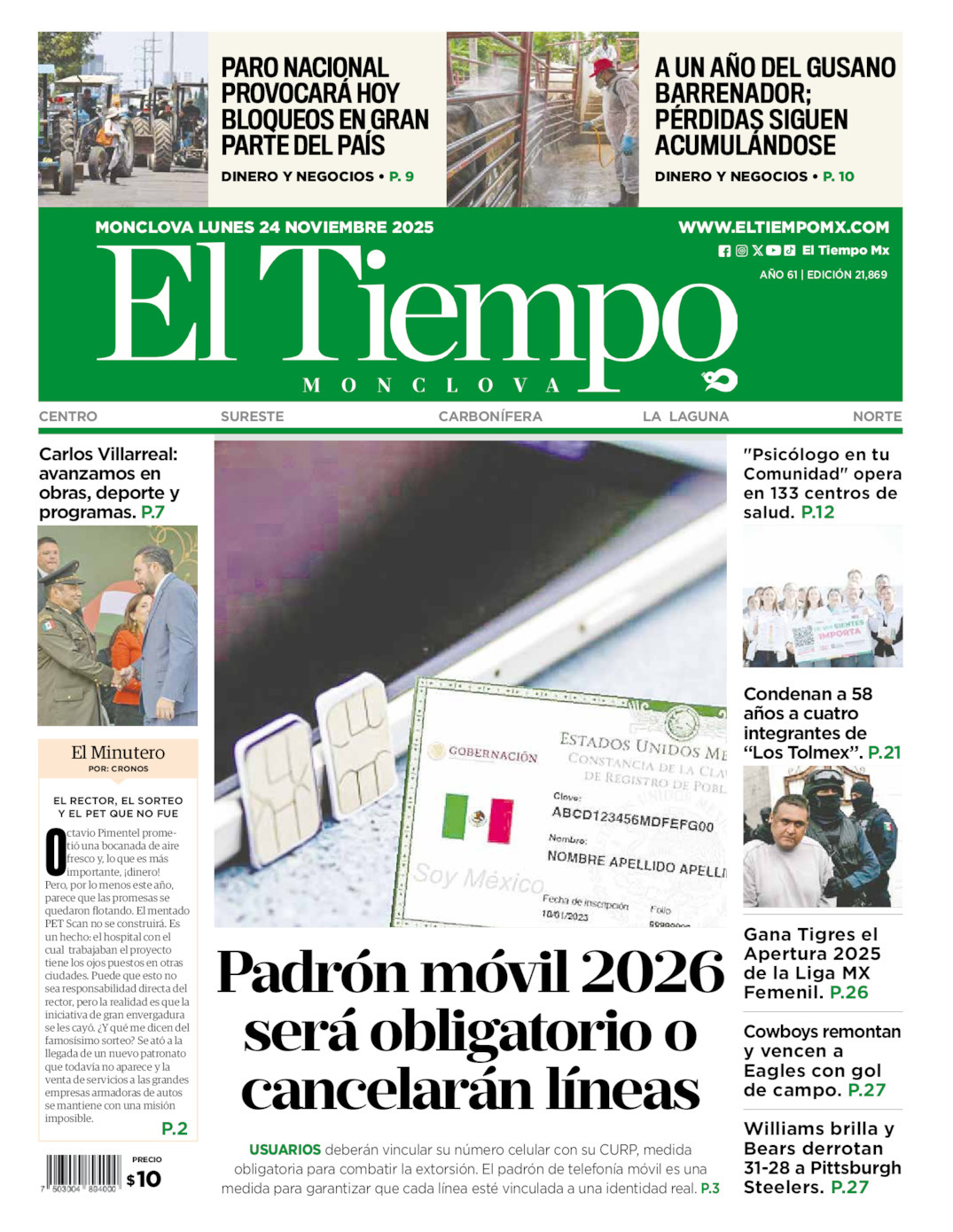El Tiempo Monclova, edición del lunes 24 de noviembre de 2025