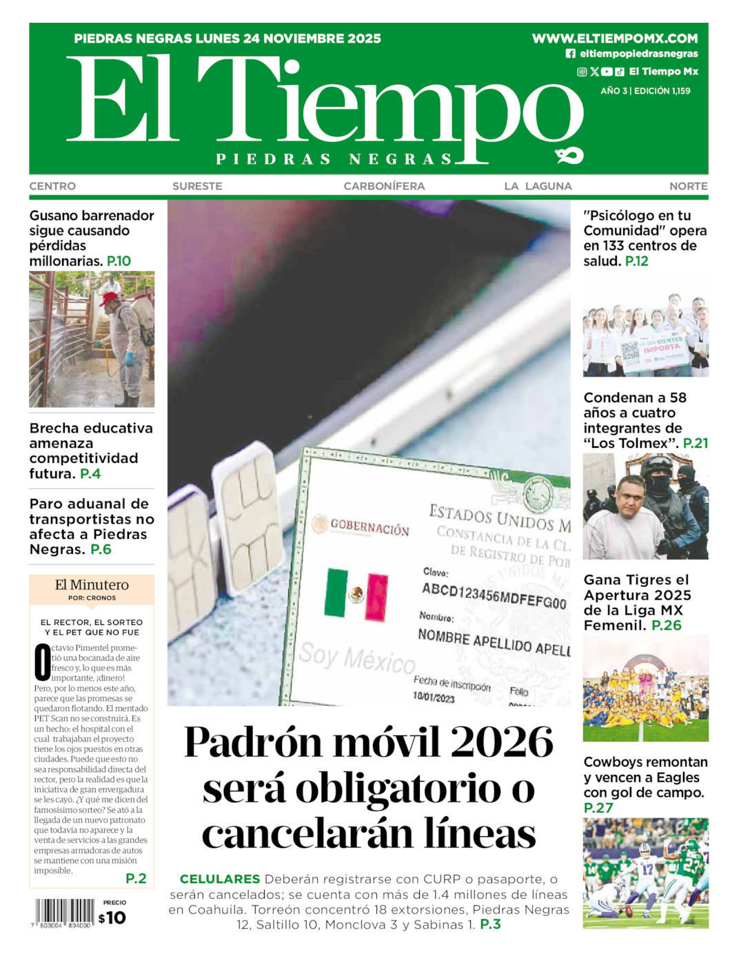 El Tiempo Piedras Negras, edición del lunes 24 de noviembre de 2025