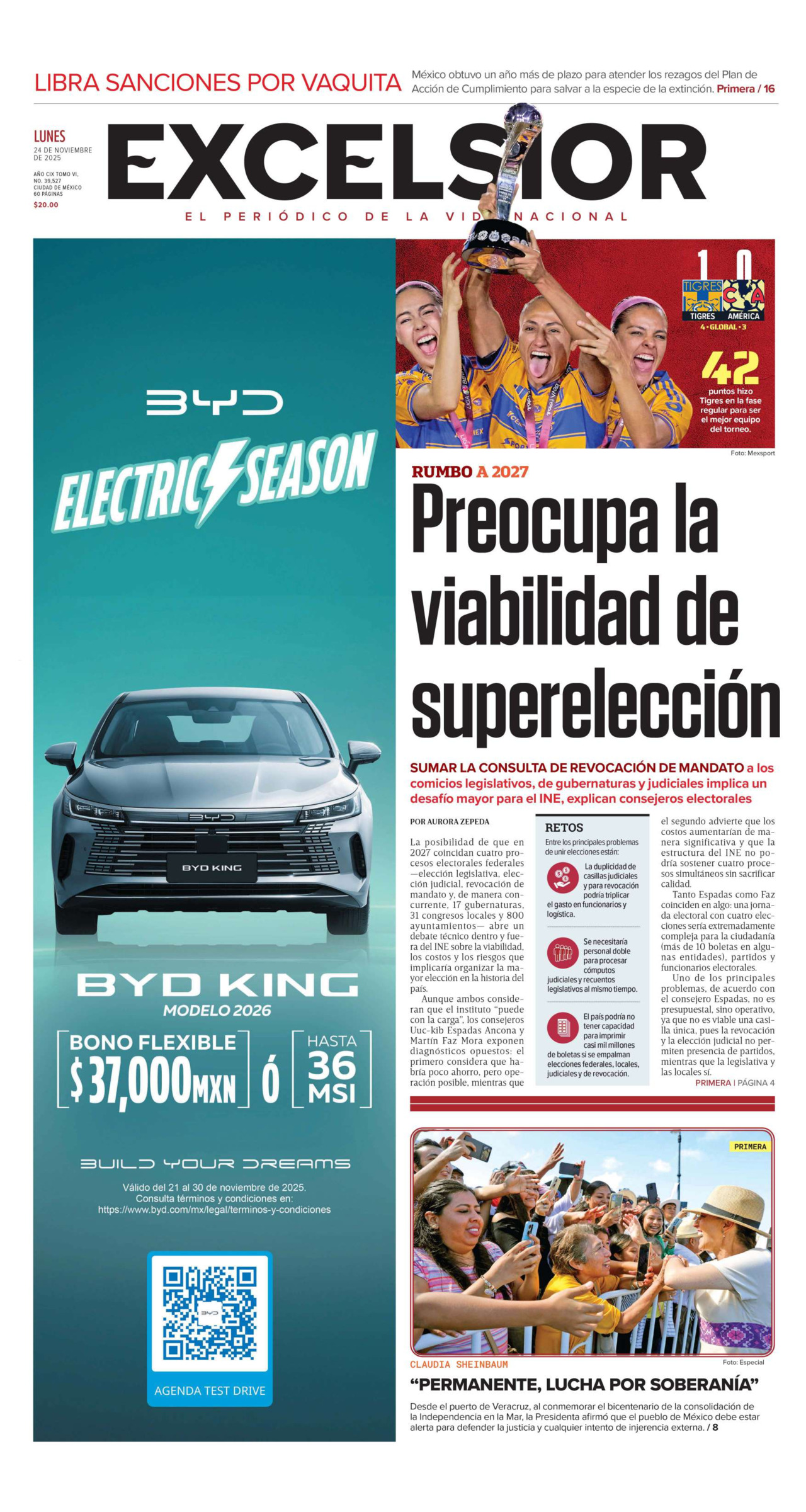 Excelsior, edición del lunes 24 de noviembre de 2025