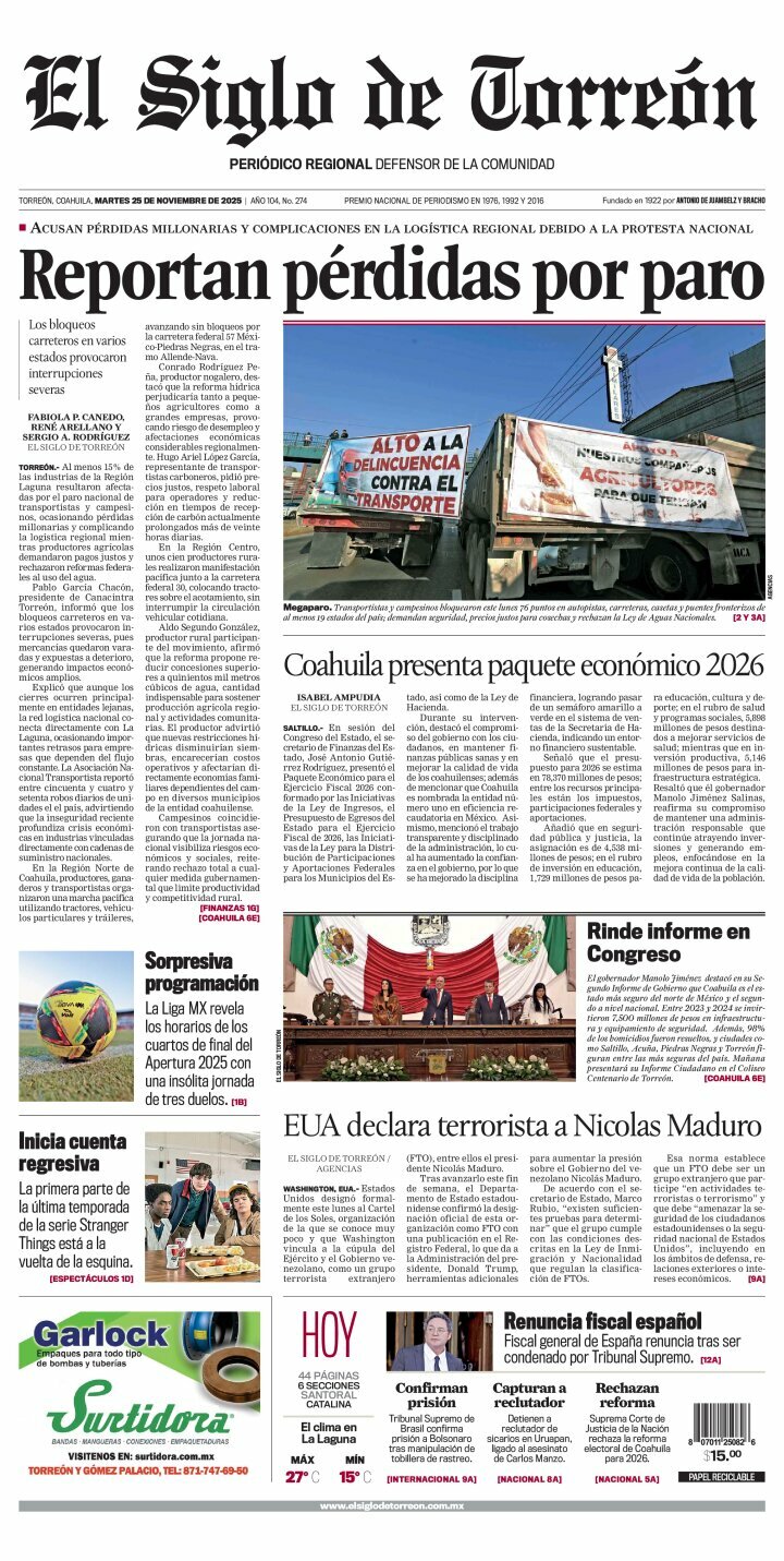 El Siglo de Torreón, edición del martes 25 de noviembre de 2025