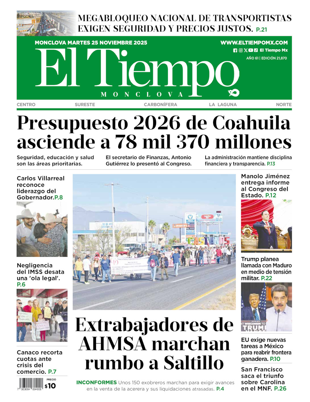 El Tiempo Monclova, edición del martes 25 de noviembre de 2025