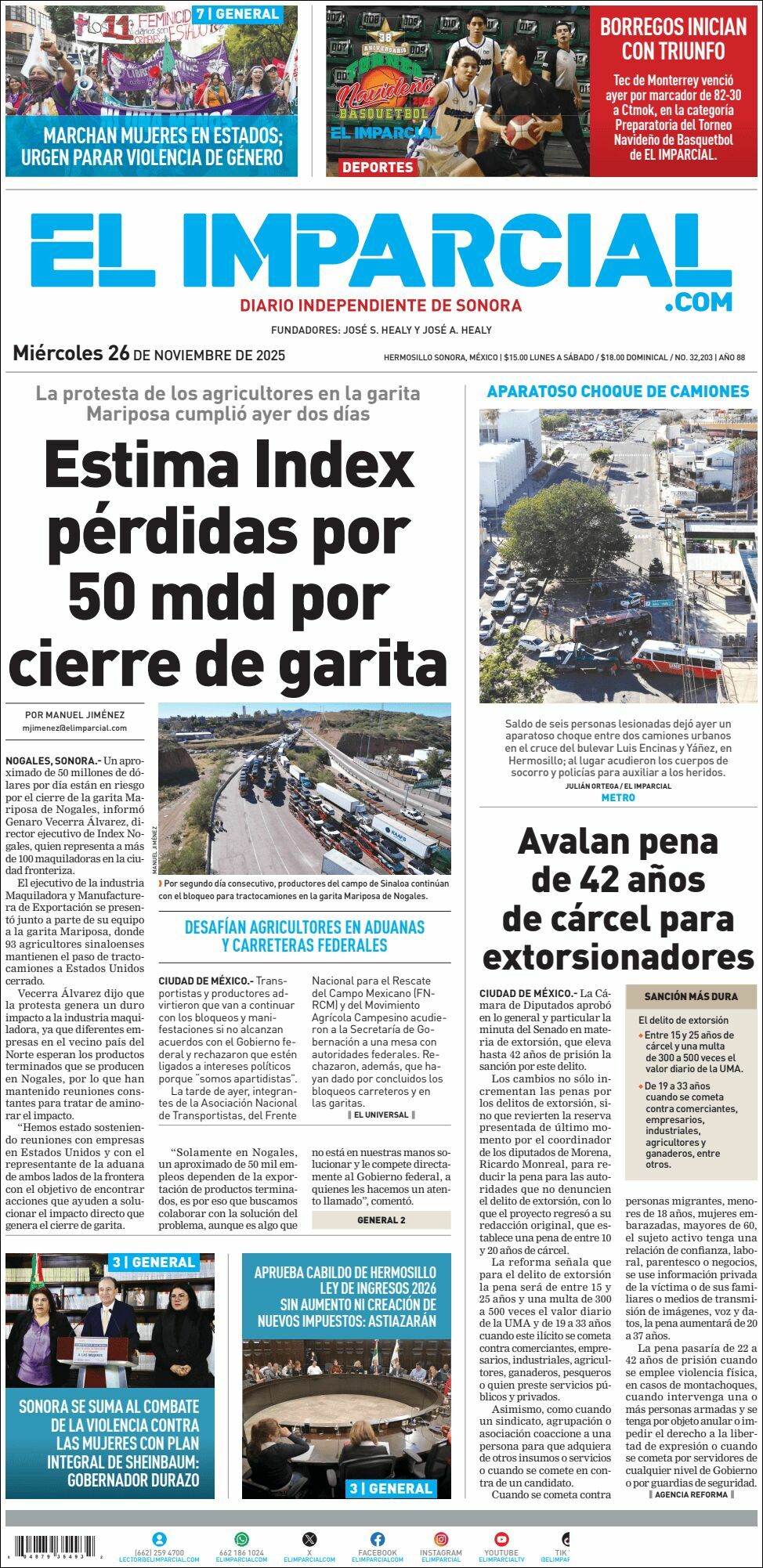 El Imparcial, edición del miércoles 26 de noviembre de 2025