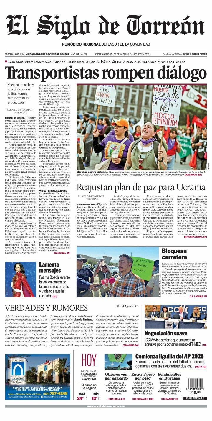El Siglo de Torreón, edición del miércoles 26 de noviembre de 2025