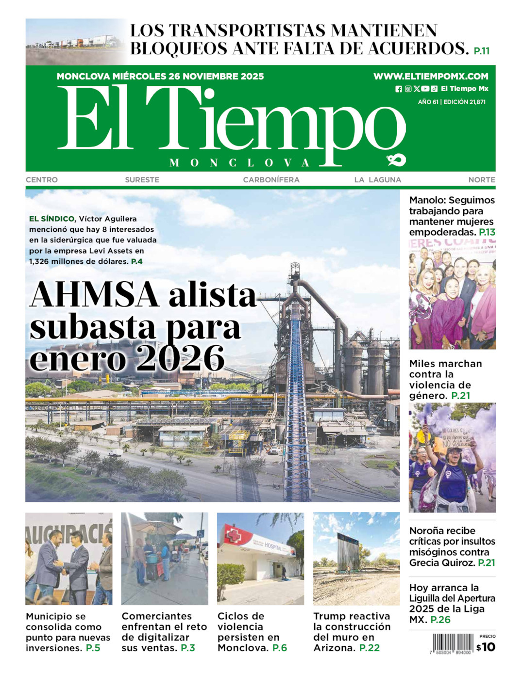 El Tiempo Monclova, edición del miércoles 26 de noviembre de 2025