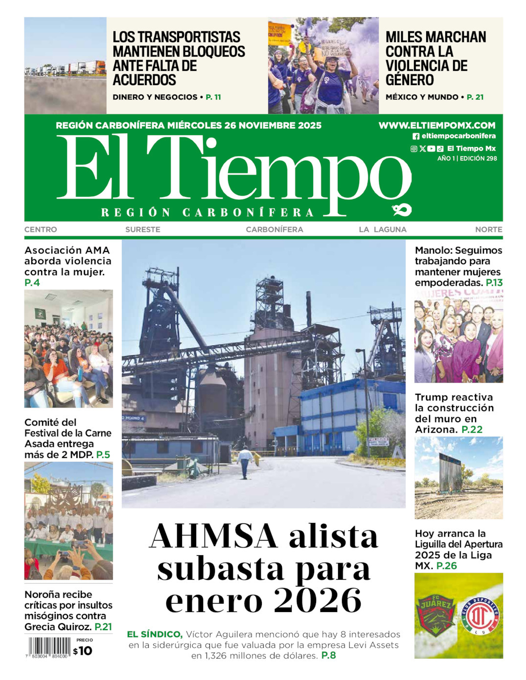El Tiempo Región Carbonífera, edición del miércoles 26 de noviembre de 2025