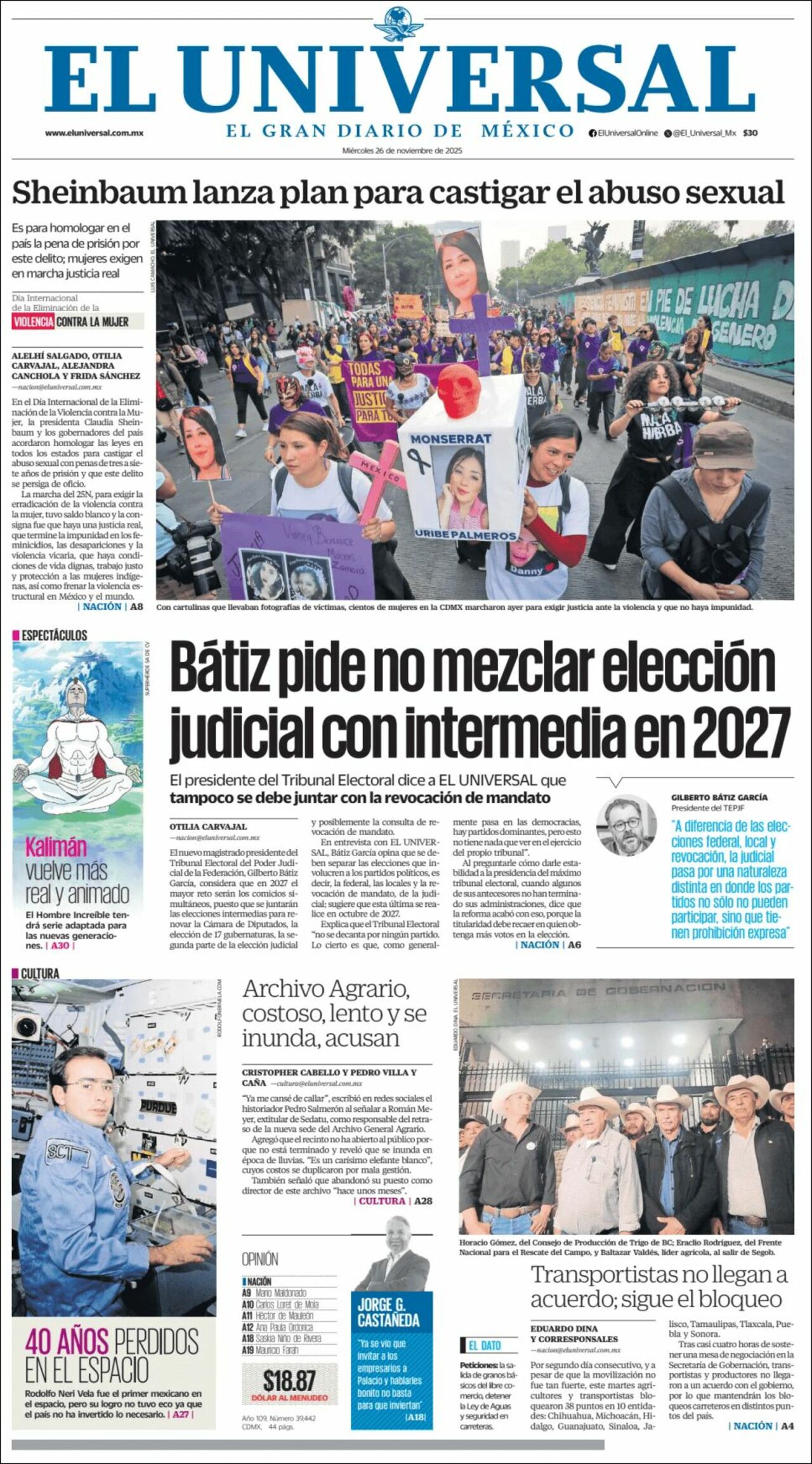 El Universal, edición del miércoles 26 de noviembre de 2025